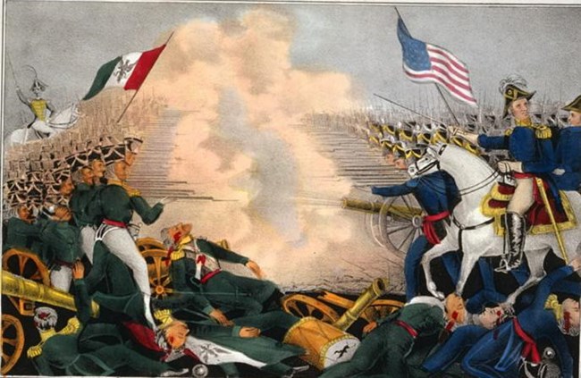 Mexican soldiers in green on left side face US soldiers in blue on right side. Smoke fills the air, dead soldiers cover the foreground.