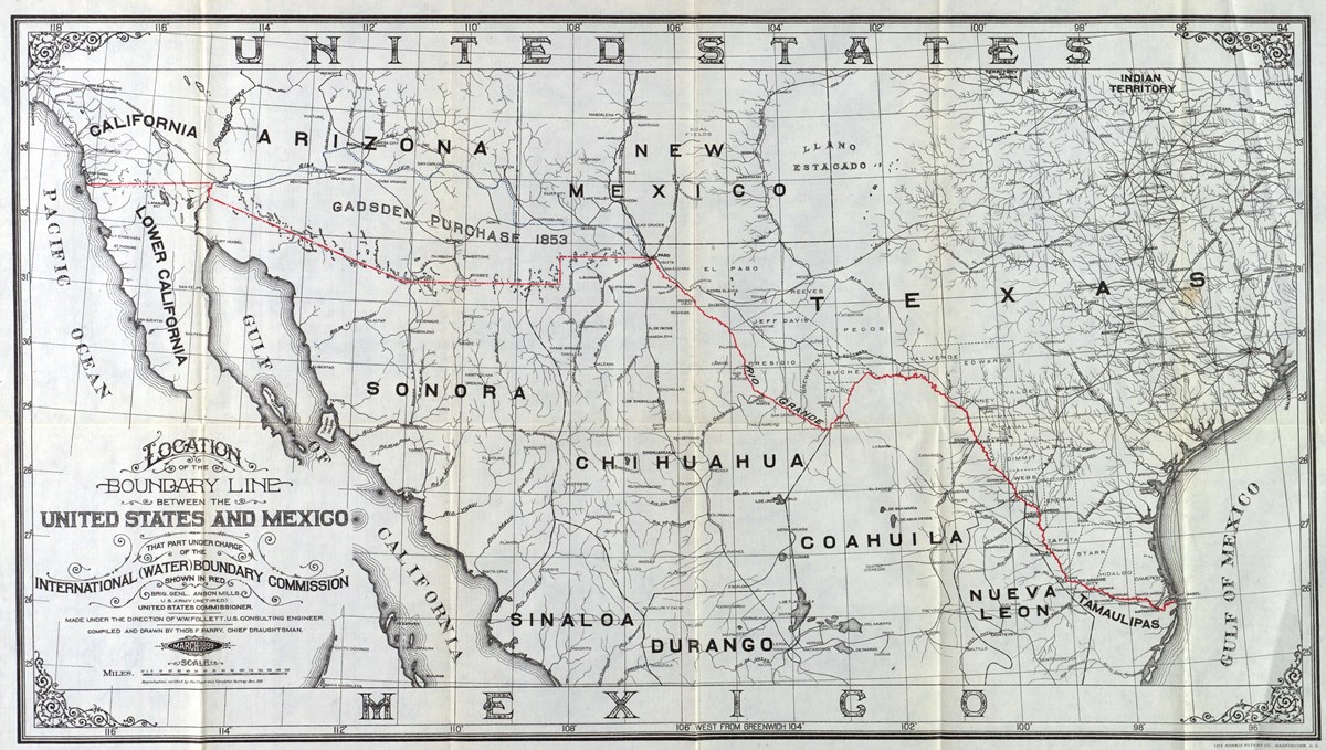 A hand-drawn, black-and-white map with the international boundary between the United States and Mexico depicted by a red line from the Pacific Ocean to the Gulf of Mexico.
