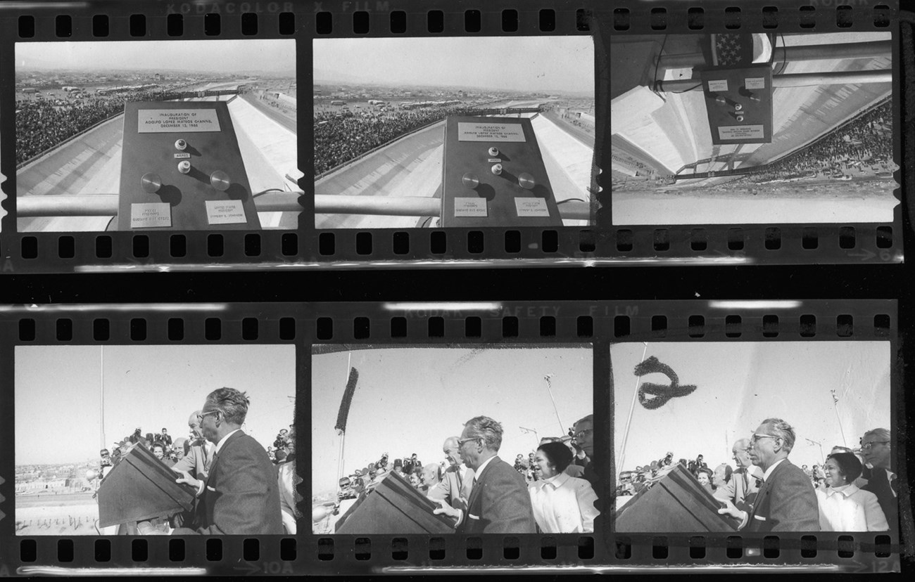 Partial contact sheet showing six black and white images of ceremonial black box and presidents