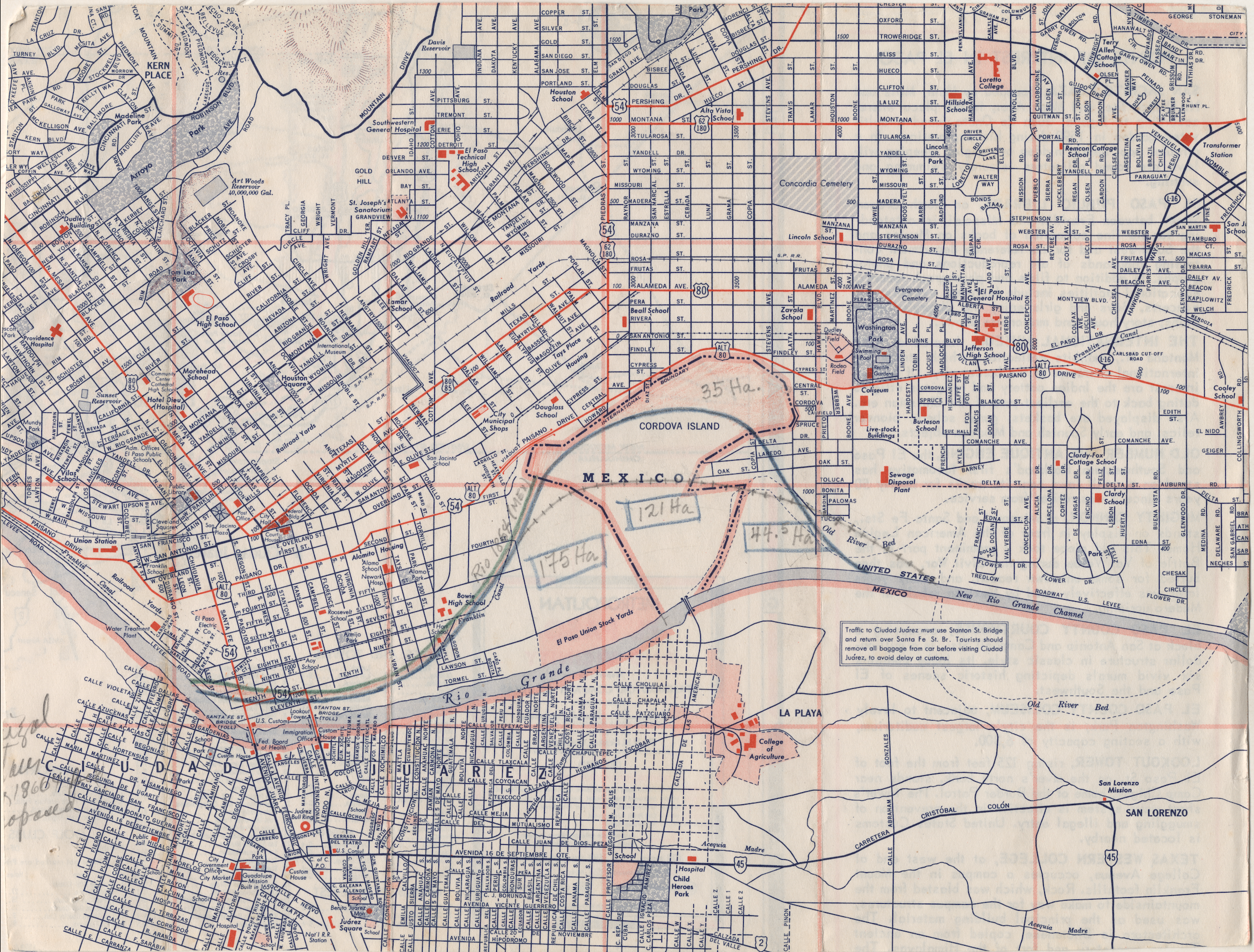 Part of old-looking, color street map of El Paso. Penciled writing and colored, hand-drawn lines indicates a possible resolution to the Chamizal dispute.
