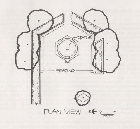 Plan view diagram shows birds-eye view of statue location and seating on three sides