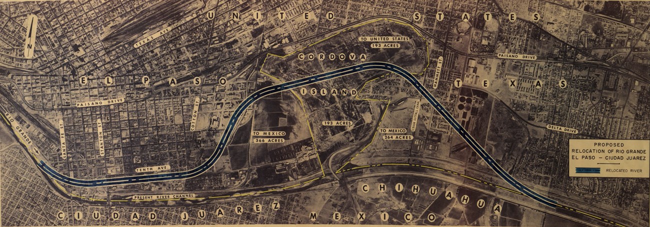 A black-and-white aerial photo with text and drawings showing the planned relocation of the Rio Grande and land transfer.