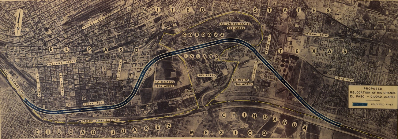 Rio Grande Relocation Map A black-and-white aerial photo with text and drawings showing the planned relocation of the Rio Grande and land transfer.