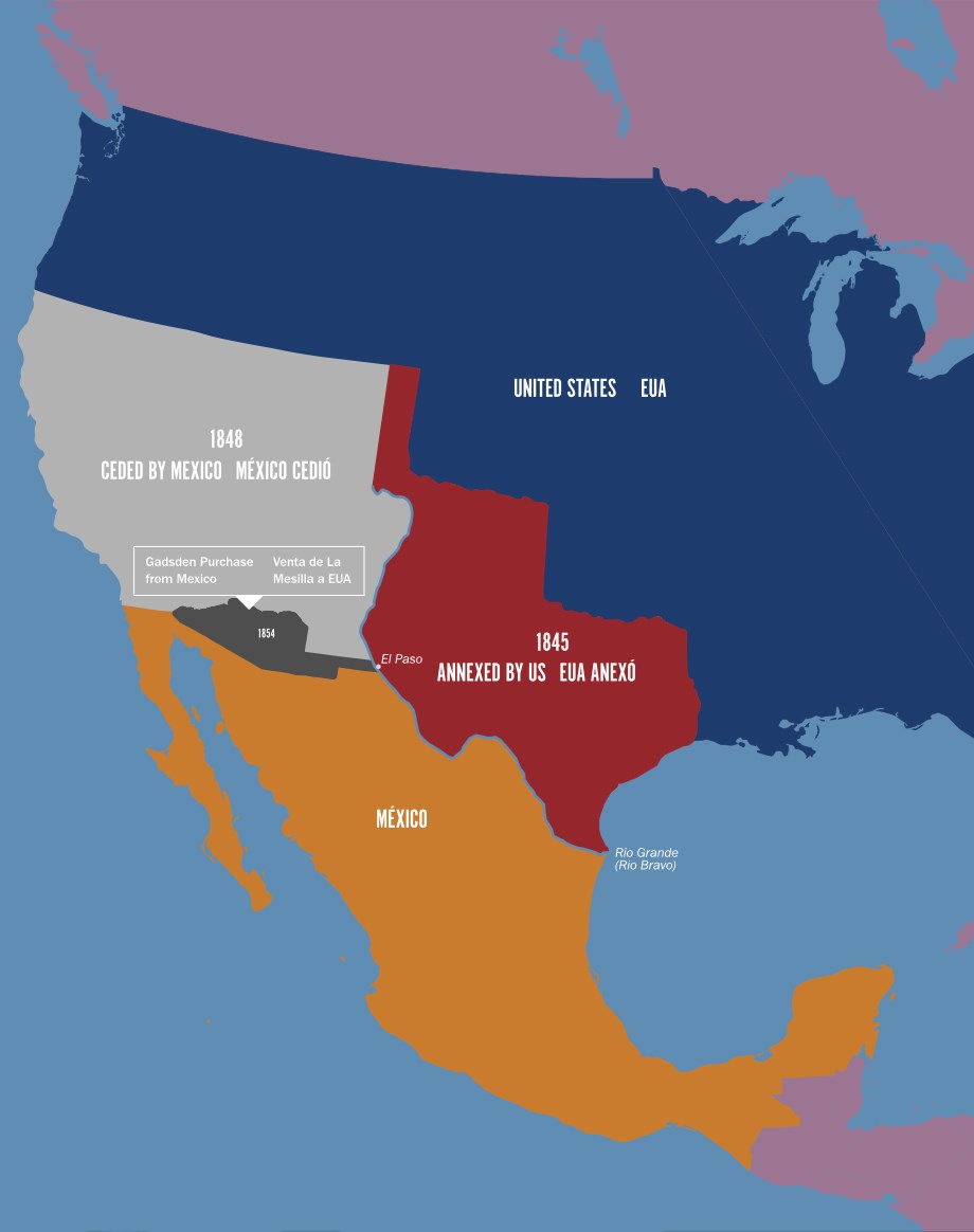 Map of United States and Mexico depicting territory annexed by the United States and ceded by Mexico as a result of Mexican War for Independence, US-Mexican War, and the Gadsden Purchase. Land lost by Mexico is about half of its of its original territory.