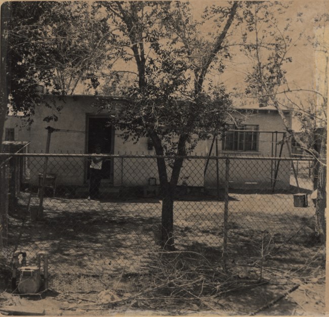 Black-and-white photo of backyard of one-story. A boy stands near the back door behind the chain-link fence in the foreground. A swingset stands against the right side of the house.