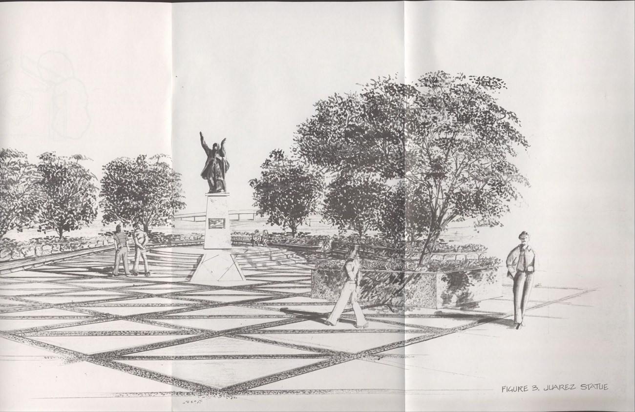 Esquema de publicación impresa que muestra una estatua instalada en la explanada