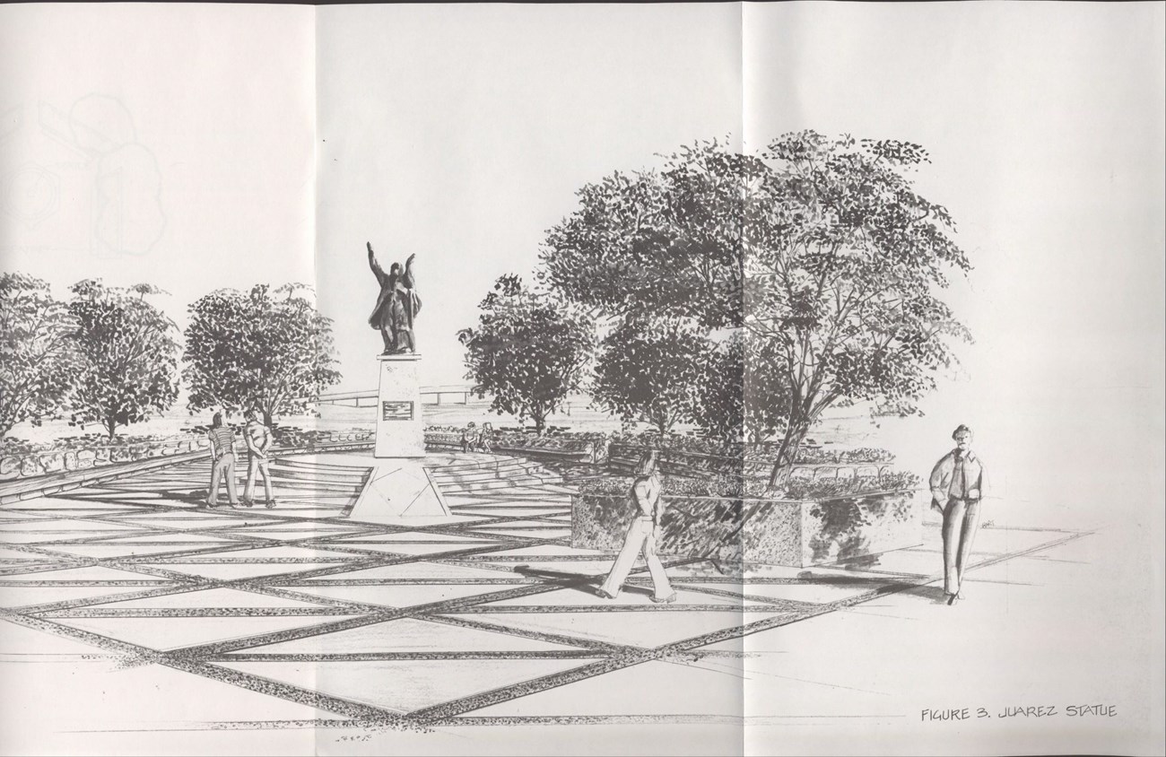 Sketch from paper publication showing a statue with hands raised installed on a paved esplanade