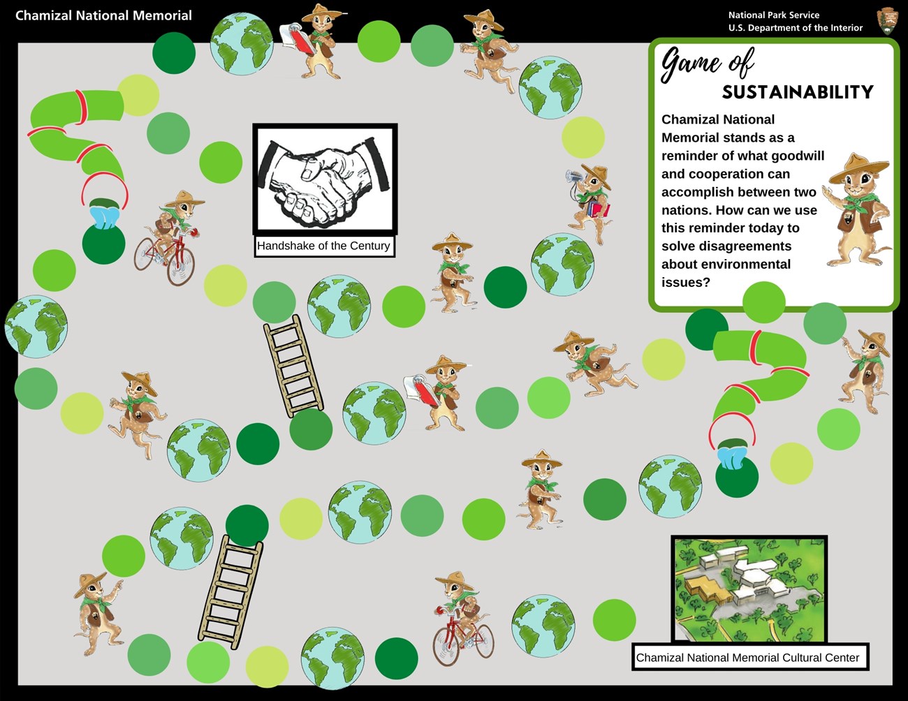 Rectangular, printable game board with spaces to move game pieces along a winding path through some of the park's iconic photos and symbols