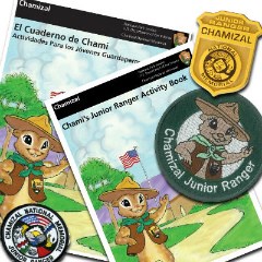 English and Spanish junior ranger booklet covers, badge, patch