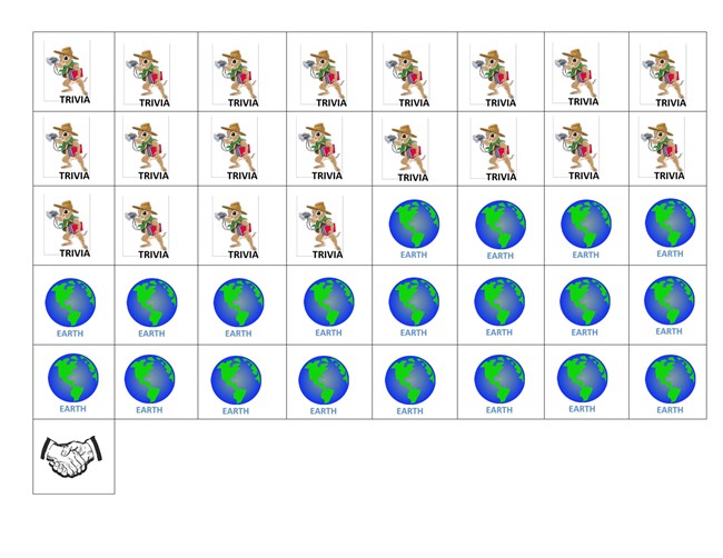 41 rectangles: 20 with cartoon squirrel, 20 with Earth drawing, 1 with handshake drawing