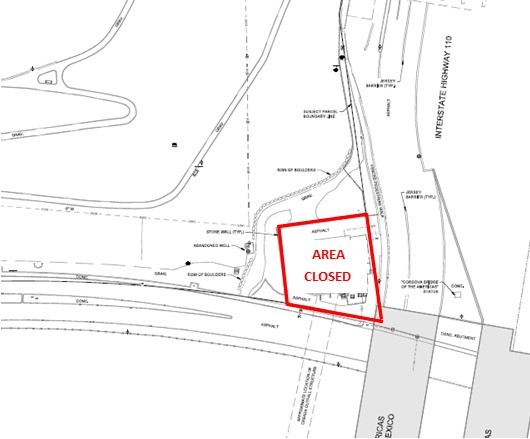 An map showing the closed area at the southwest corner of Chamizal National Memorial.
