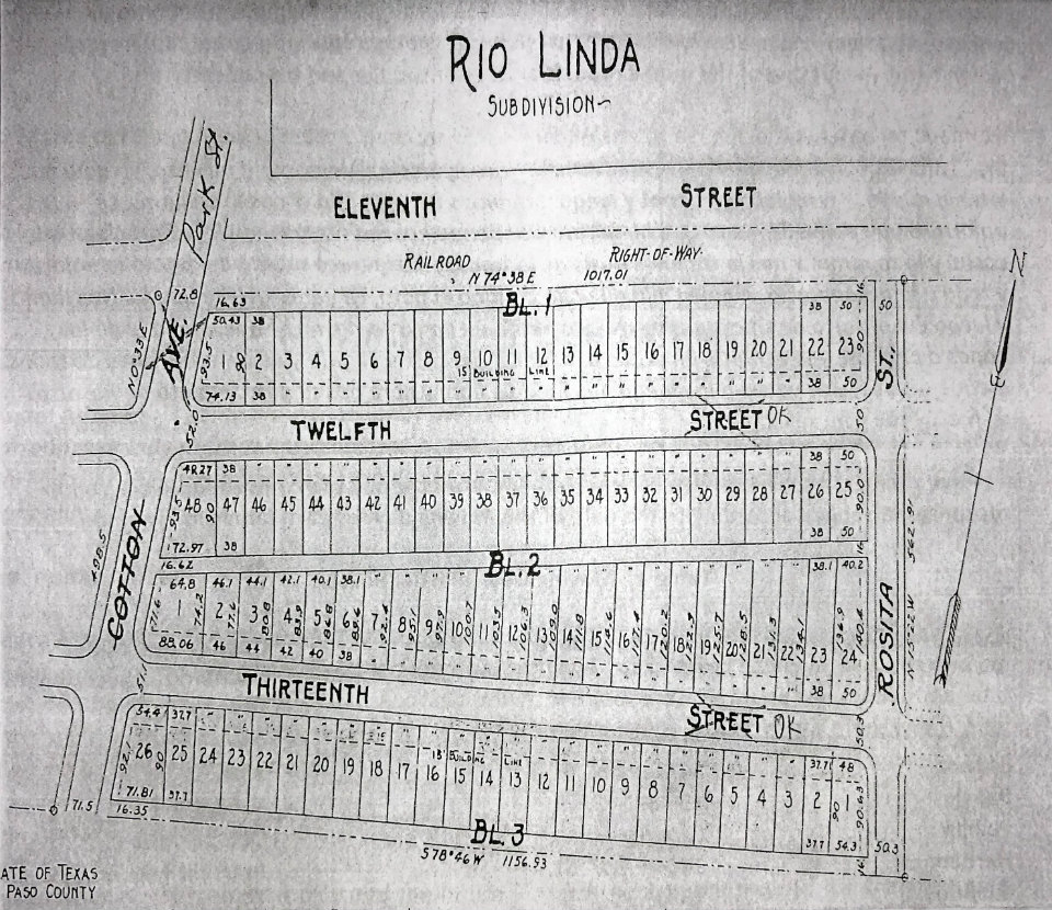 schematic of neighborhood with Eleventh through Thirteenth streets running east-west bounded by Cotton Avenue on the west and Rosita Street on the east