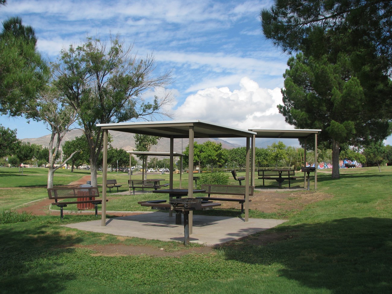 Three picnic tables with cover and grills.