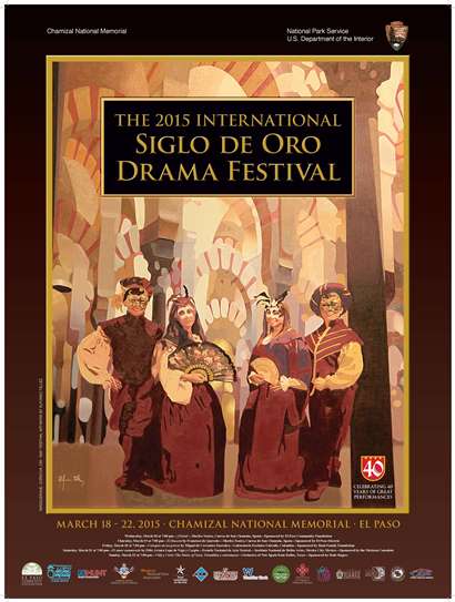Festival poster design showing four people in period costumes standing below arches. Diseño del cartel del festival que demuestra cuatro personas en vestuario de la época parados bajo arcos. Festival poster design showing four people in period costumes standing below arches. Diseño del cartel del festival que demuestra cuatro personas en vestuario de la época parados bajo arcos.