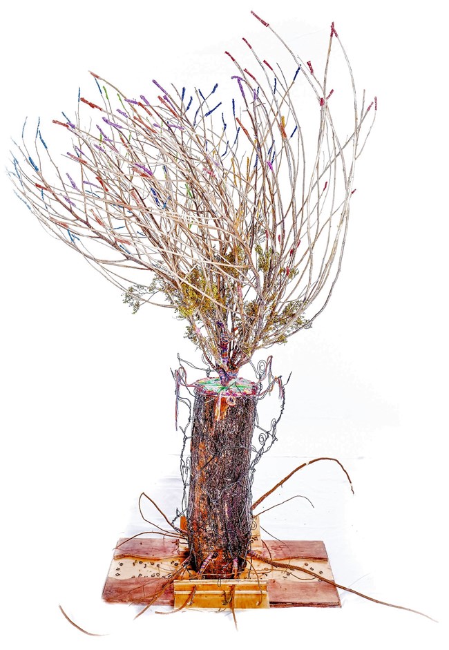 Sculpture by Mirna Ajo sculpture of a tree or shrub-like form created with wood, wire, and other natural items
