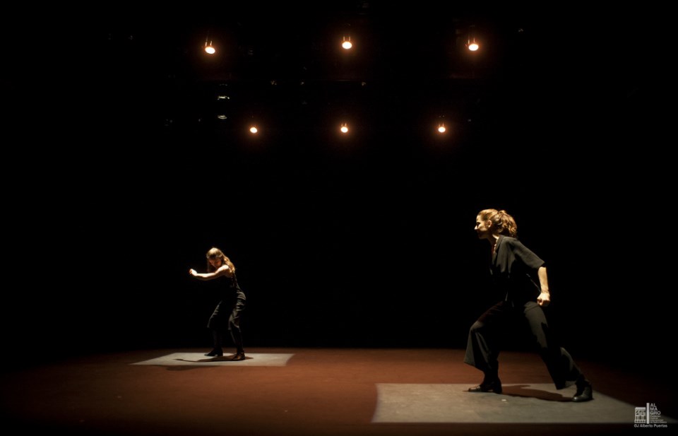 Teatro Inverso performs Rosaura two actresses appear highlighted in blocks of light on an otherwise empty stage