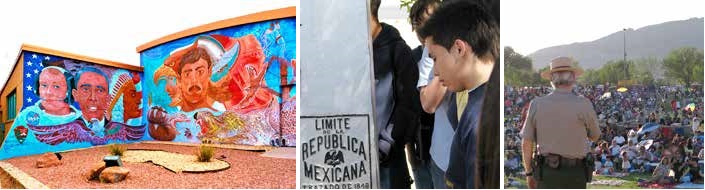 Three photos (from left to right): two mural panels showing faces of different races, eagles, snake, and a jaguar; people looking at a boundary monument; park ranger from back, looking out over a crowd seated on lawn