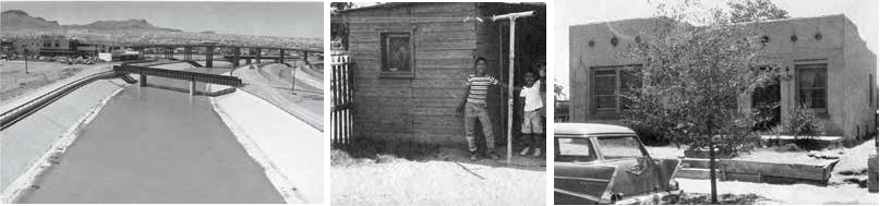 strip of 3 old photos showing (left to right) cement river channel with bridges crossing it, two boys standing outside wood-sided house, adobe home
