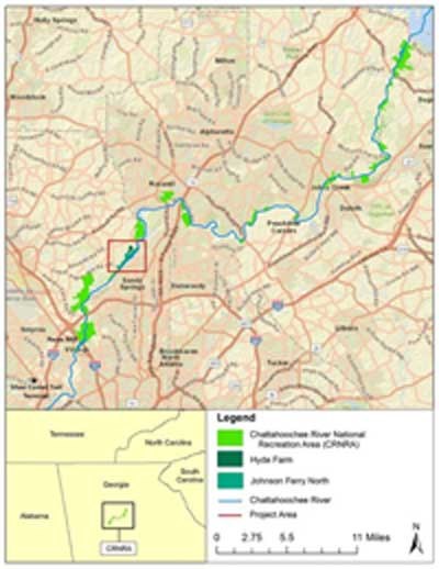 Two maps, the first showing the location of CRNRA in Georgia and the second showing the location of Hyde Farm in CRNRA. Includes a legend.