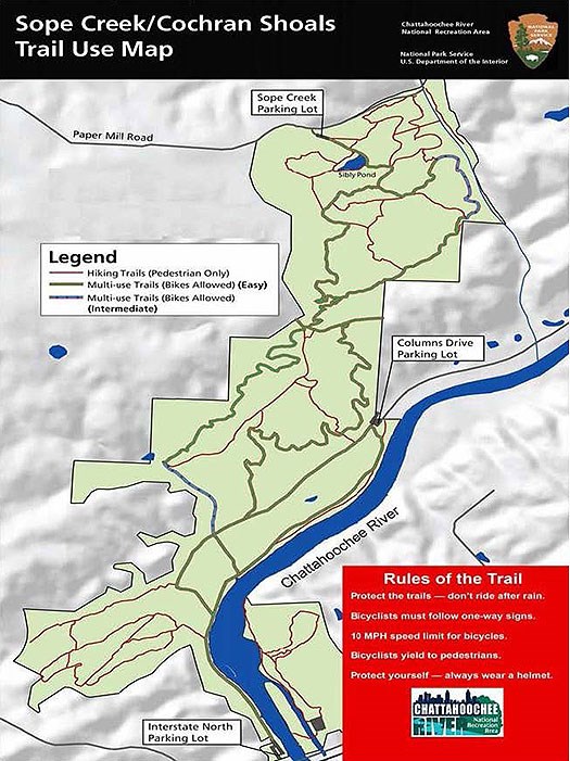 Map of the Cochran Shoals Unit showing trail use including multi-use trails.