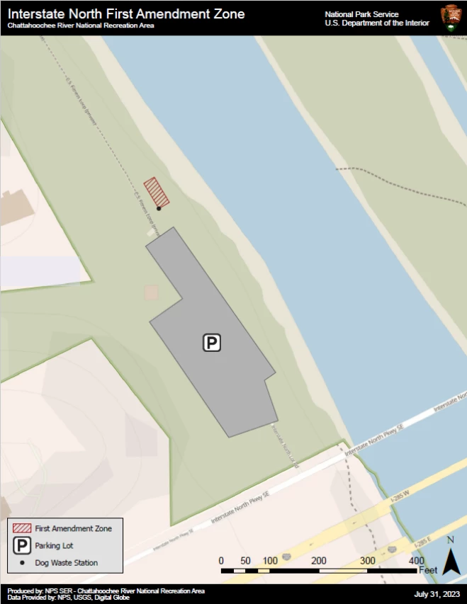 Interstate North First Amendment zone First Amendment Area is between the gravel fitness trail and the river as you enter the trail from the parking lot.