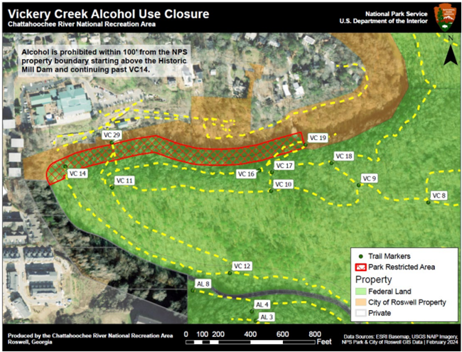 Vickery Creek Alcohol Closure Alcohol prohibited within 100 feet from NPS property boundary starting above the historic mill dam and continuing past the covered bridge and creek frontage.