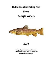 Text reading "Guidelines For Eating Fish From Georgia Waters 2020" with photograph of rainbow trout facing to the left.