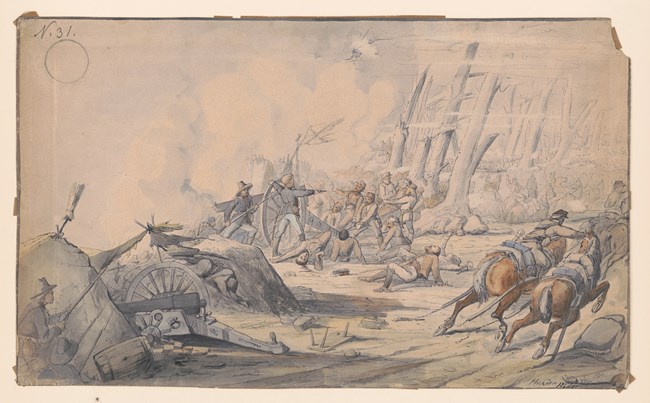 Drawing shows soldiers and seized guns captured during the attack.