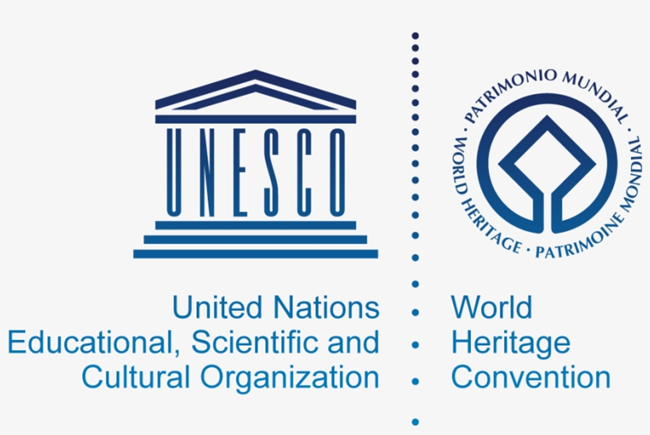 The official United Nations Educational, Scientific and Cultural Organization logo showing a symbol comprising of a sqaure on the inside, surrounded by a circle on the outside and World Heritage written on the outermost perimeter.