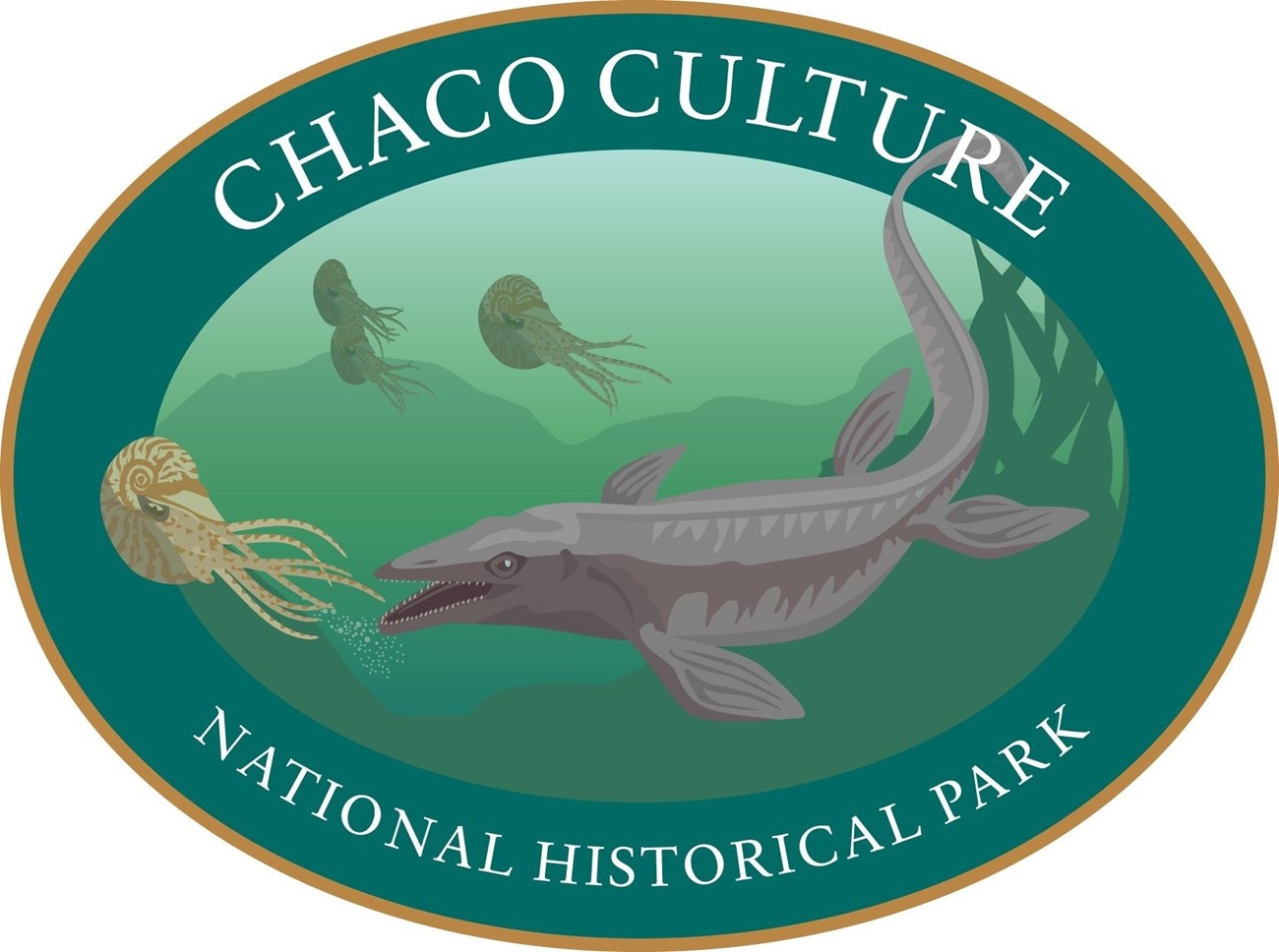 This logo depicts late Cretaceous period sea life.