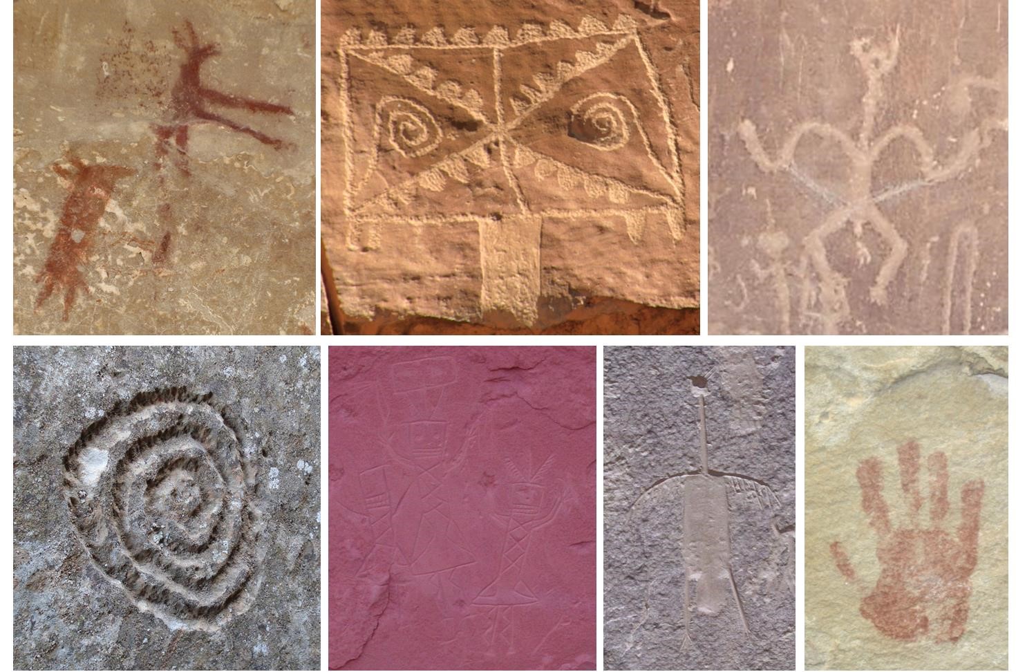 Seven photos of different petroglyphs and pictographs. There are human-like figures and animals portrayed, as well as hand prints and spirals. Other imagery shows traditional symbolism.