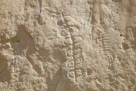 A carved symbol in a rock wall showing a straight vertical line being intercepted by a continuous curved line up the entire straight line.