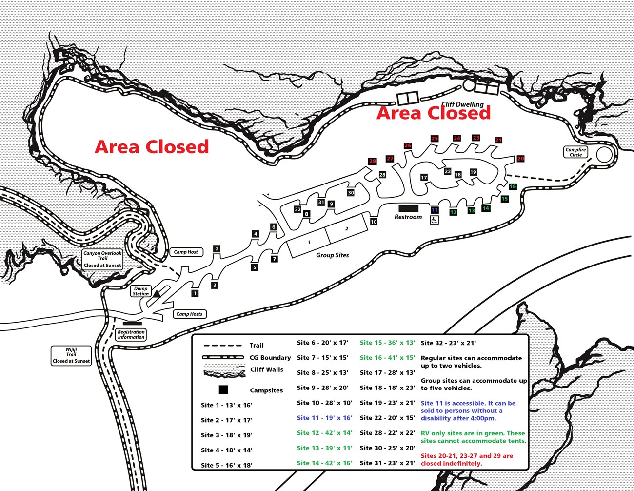 Campground map showing site numbers, closed areas, and legend with detailed description of each campsite size