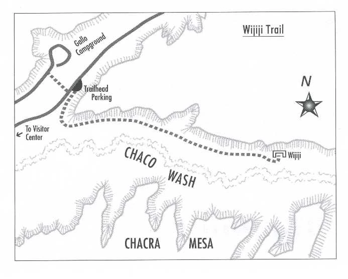 Map of Wijiji Trail A black and white map of the trail out to a great house named "Wijiji." Roads are marked in a dark solid line, with the trail as a dashed line. A few features and locations are typed on the map.