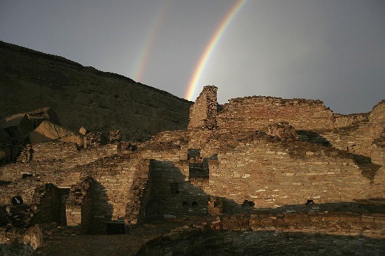 Photo of a rainbow over Pueblo Bonito