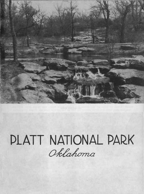 An old guidebook cover with a black and white image of a waterfall and the words "Platt National Park Oklahoma"