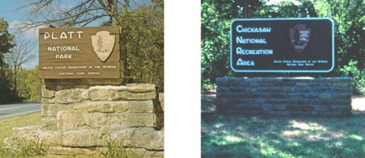 side by side faded color images of large entrance signs - left is wood sign for Platt National Park and right is metal road sign style for Chickasaw National Recreation Area