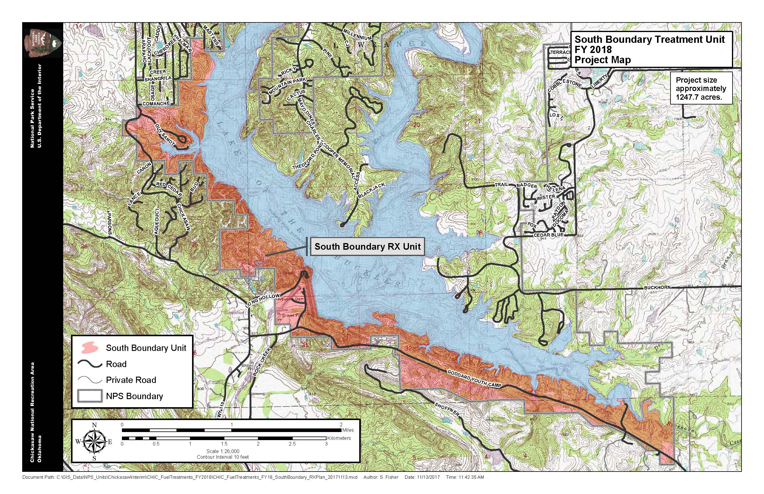 CHIC Fuel Treatments 2018 A topographic map of ChickasawNRA park boundaries with proposed burn areas highlighted in red.