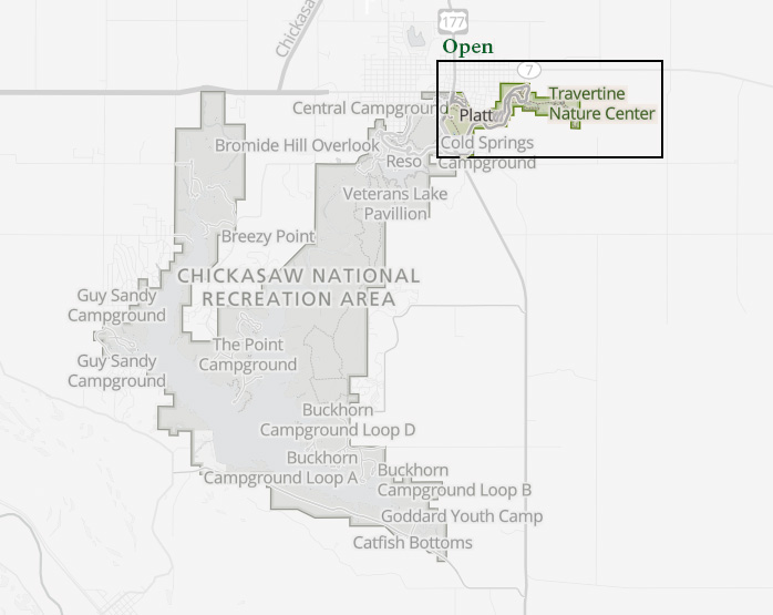 CHIC Map Open Area May 6 An outline of Chickasaw National Recreation with the very northwest section, about 5% of the park, highlighted and labelled as open.