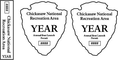 new style boat stickers a mockup of the boat decal sheet of stickers with one rectangular sticker and two arrowhead shaped stickers. All three state "Chickasaw National Recreation Area boat launch permit" and have placeholders for the year and permit number
