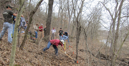 A large group of people working outdoors on a trail.