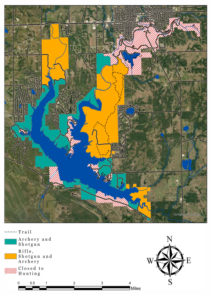 Map of Chickasaw National Recreation Area's approved hunting areas broken out by means.
