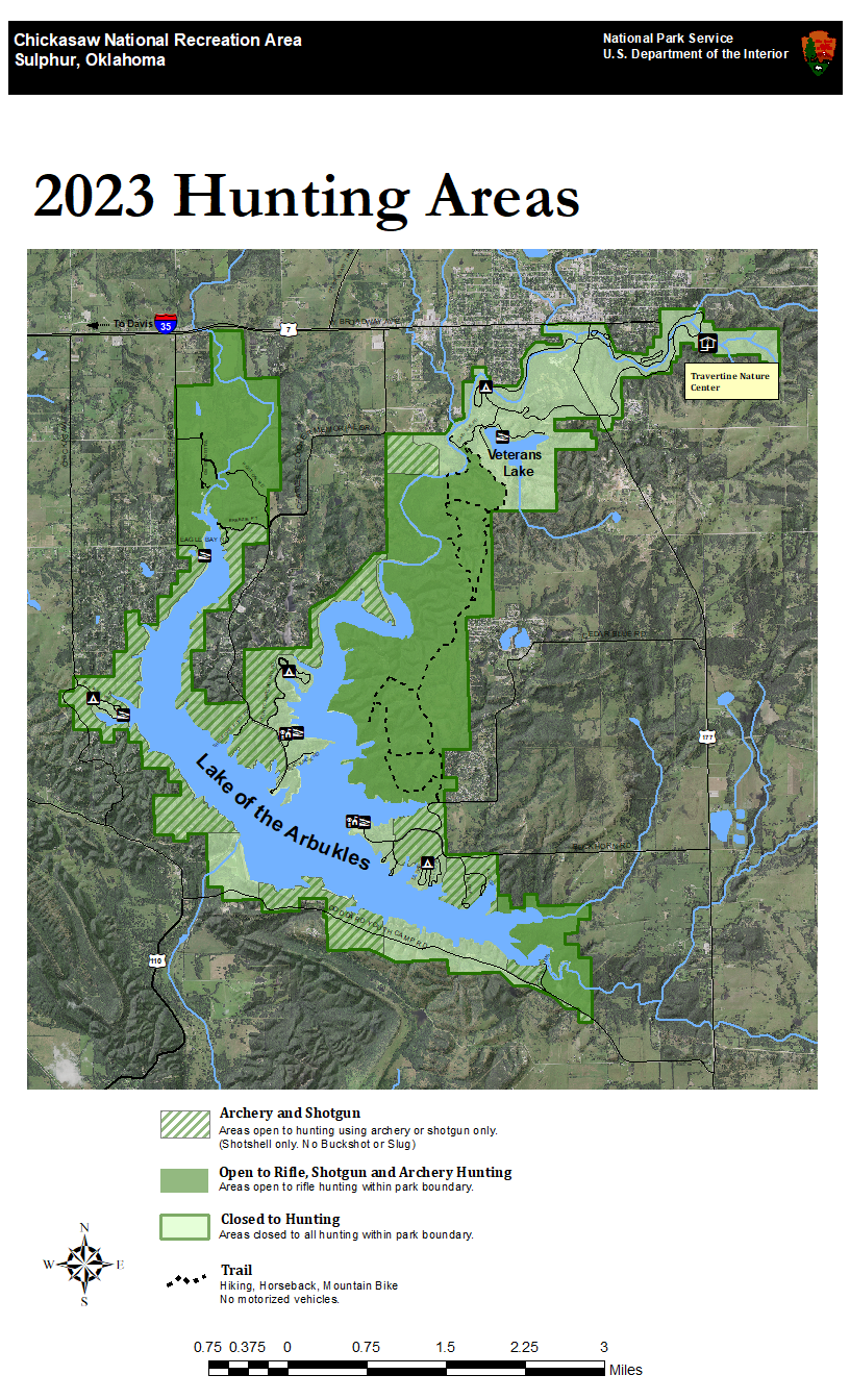 A map depicting the areas where hunting is and isn't allowed at Chickasaw National Recreation Area.