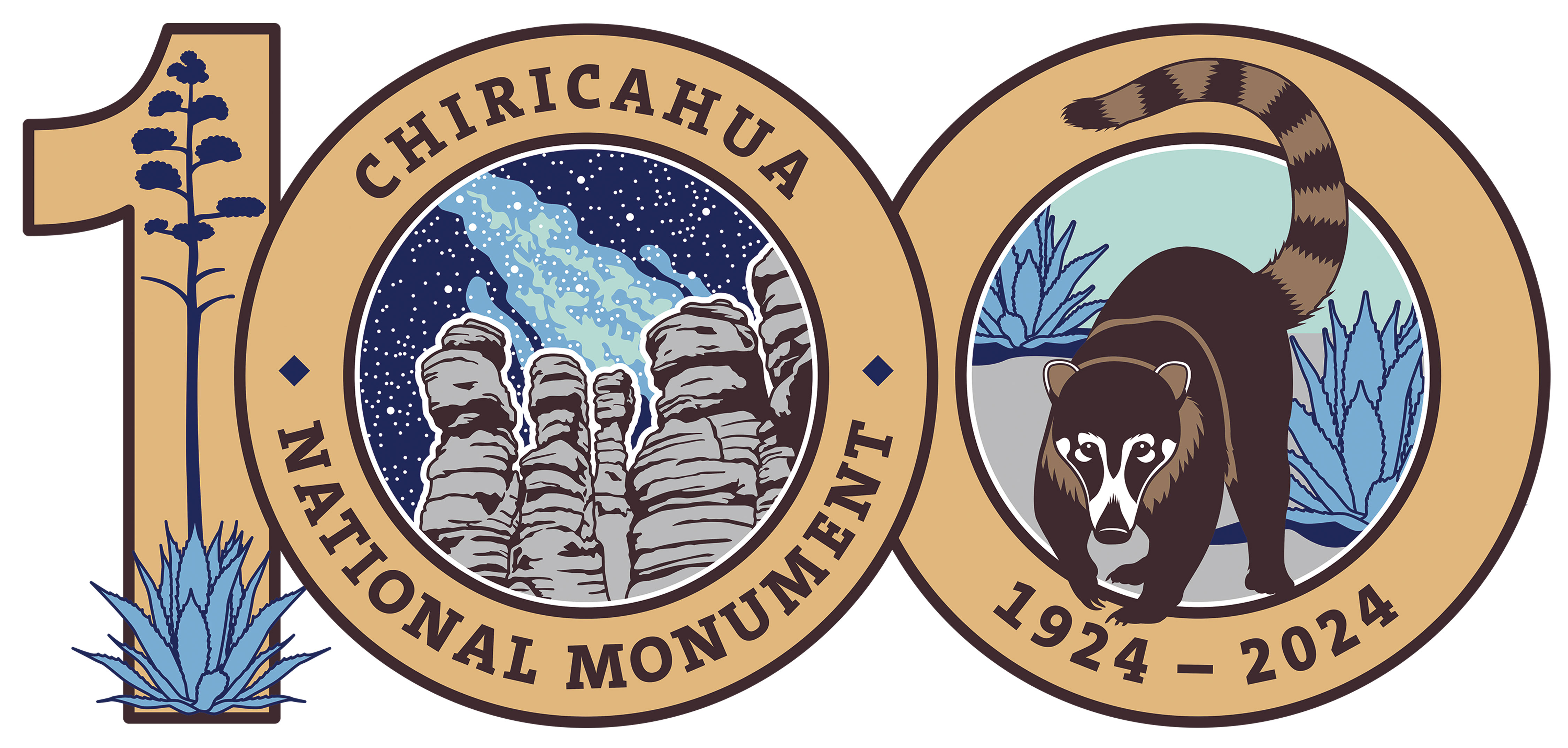 Large 100 numerals filled with agave, rock formations, milky way, and coatimundi. Text reads 'Chiricahua National Monument 1924-2024'
