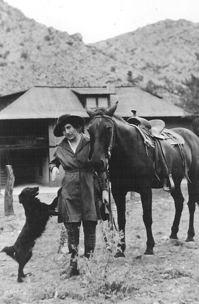Woman standing with a horse and dog in front of a house.