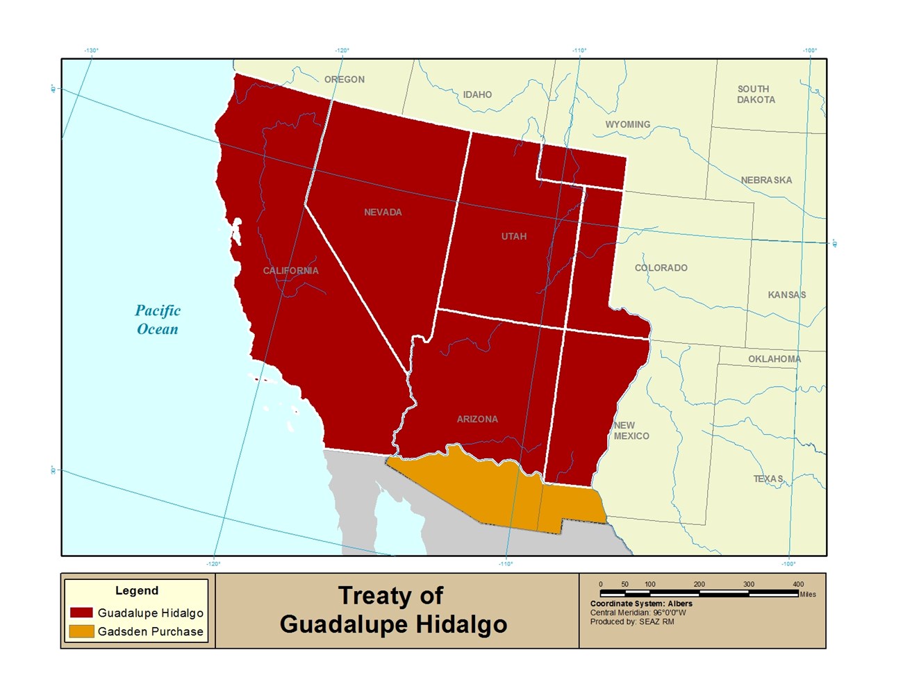 Map of land Mexico ceded to the United States of America during the Treaty of Guadalupe-Hidalgo, as well as the Gadsden Purchase.