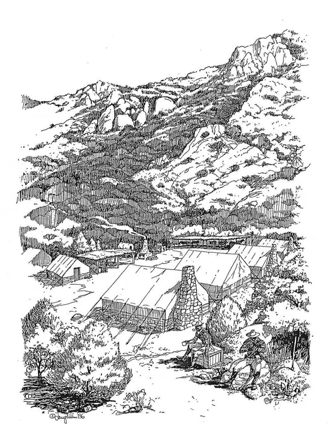 Line drawing of wall tents and stable area nestled in a canyon, with two men in the foreground.