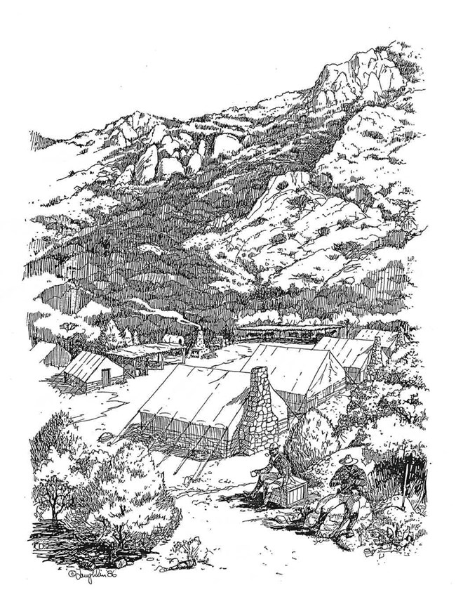 The Camp at Bonita Canyon, Arizona Territory, 1885-1886 Line drawing of wall tents and stable area nestled in a canyon, with two men in the foreground.