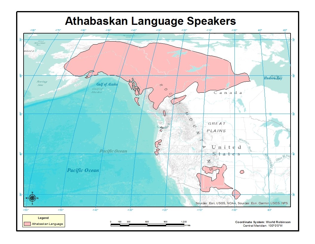 North America Map that shows where Athabaskan languages are spoken (Alaska, part of Western Canada, part of northern California, and in the Southwest)