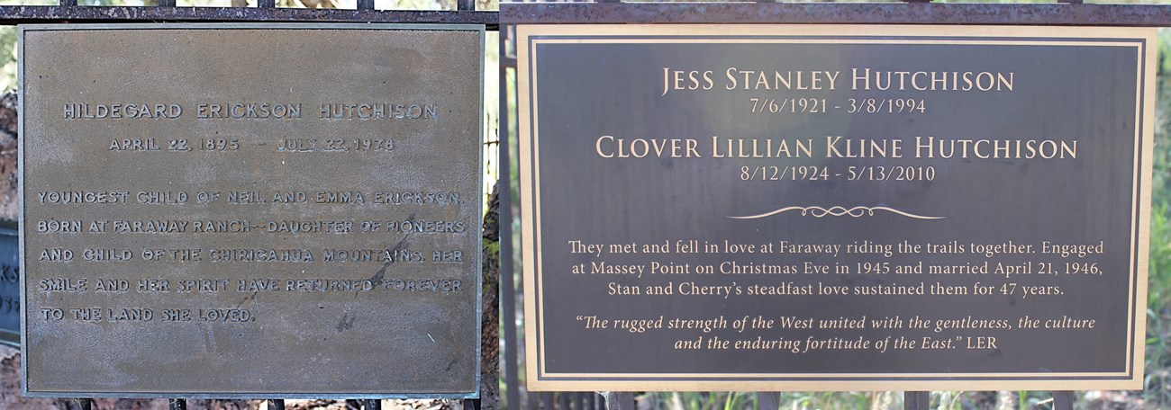 Two metal memorial plaques for three different people.